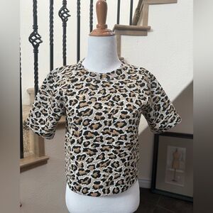 MAEVE Anthropologie Leopard Print Boxy Crop Top XS Knit Tee Pocket Short Sleeve